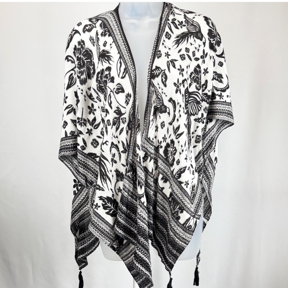 Vince Camuto Black White Bird Floral Kimono Tassel Open Front Boho Cover Up OS